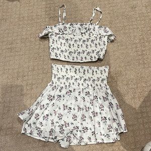 Two piece cropped top with a skirt white with purple flowers